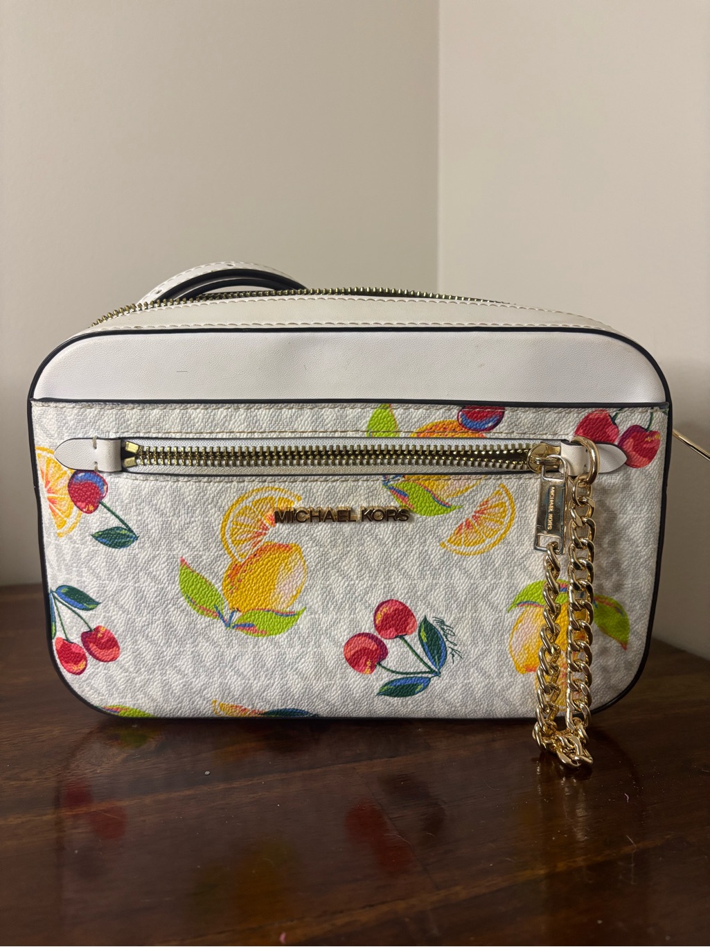 Michael Kors White Leather Signature Logo Cherry Lemon Print Crossbody Bag